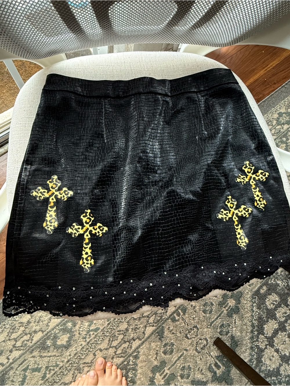 ROCKSTAR Official Black Mini Skirt with Leopard Cross Appliqués